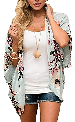 Rétro Élégant Gilet Plage Kimono Femme Veste Cardigan en Mousseline d'été Floral Lâche Demi-Manches de Mode Blouse Châle Sexy Bikini Beachwear Kimono Cardigan Femme Été Mousseline