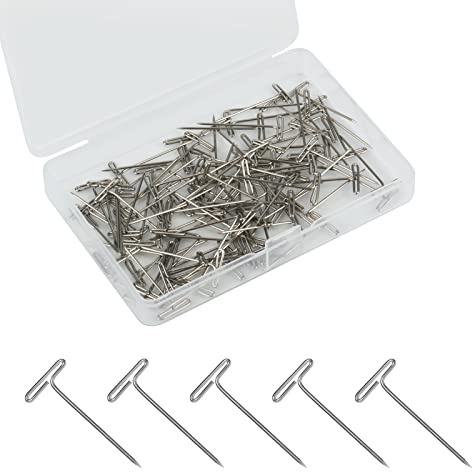 SAVITA 100st T-Nålar för Perukhuvuden, 25mm Peruk Raka Nålar med en Plastlåda T-Nålar för Hantverk Stickning Sömnad Smycken (Silver)