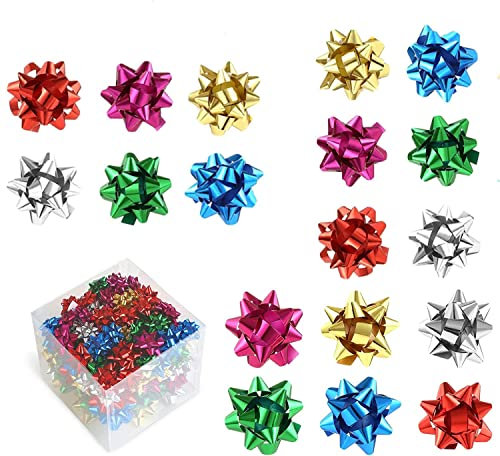 LEMESO 100 Stück Geschenkschleifen kleine Dekoschleifen Selbstklebend Bunt Geschenk Schleifen Set Fertige Schleifen Metallische Geschenkbänder für Weihnachten Geschenkverpackung Deko (3cm)