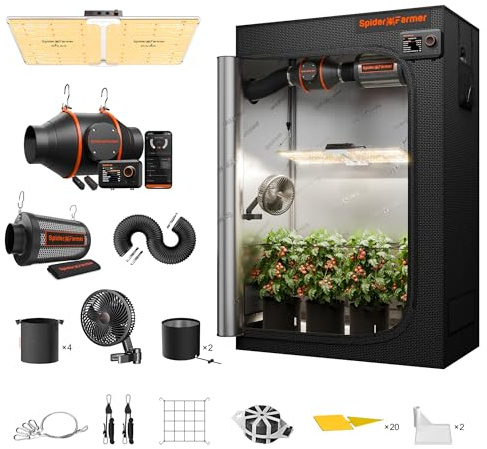 Spider Farmer SF2000 Growbox Juego Completo de Luz LED de Espectro Completo Regulable Samsung LM301B LEDs Kit Completo 60x120x180cm Armario de Cultivo Hidropónico 1680D con Ventilador Digital en Línea