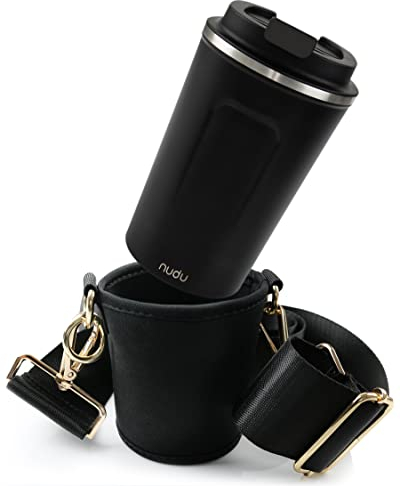 nudu - Juego de portavasos - Portavasos y taza térmica para colgar - Soporte para bebidas de neopreno con correa ajustable para el hombro - En negro - Oro
