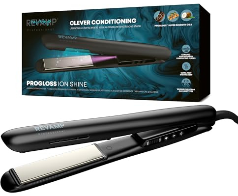 REVAMP Ion Shine Ceramic Hair Straighteners, Infrared and Ionic Technology for Sleek Frizz-Free Results, Infused with Smooth Keratin, Argan and Coconut Oils, Variable Heat, for All Hair Types, Black