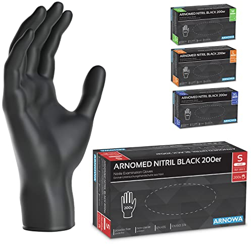 ARNOMED Gants jetables noirs, 200 pièces/boîte, gants nitrile taille S, non poudrés & sans latex, gants jetables, gants disponibles en tailles S, M, L & XL