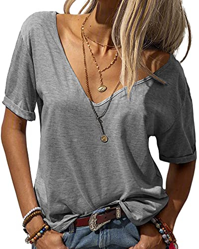 Tankaneo T-shirt pour femme à la mode, avec col en V, à manches courtes, couleur unie, décontractée, basique estivale, Gris, XX-Large