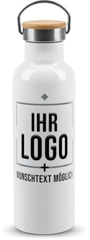 Print Royal PR Edelstahl-Trinkflasche bedrucken - Trinkflasche personalisiert mit Logo und Text - Thermosflasche, Wasserflasche BPA-frei, Werbegeschenk, Kollegen | Haltebügel, Bambusdeckel, 750 ml
