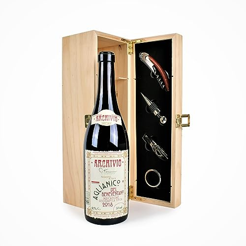 Thornton & France Red Wine & Accessories Gift Set | Archivio Aglianico 75 cl Red Wine Packed in a Wooden Gift Box With Corkscrew Bottle Opener Pourer Stopper & Drip Collar