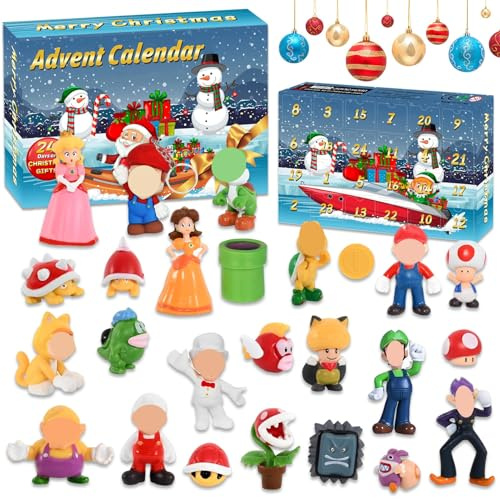 Byhsoep Calendrier de l'Avent 2023 Super Bros avec 25 Super Bro Mini Figurines Compte à Rebours de Noël Gadgets 1 2 3 4 5 6 7 8 9 10 12 Ans Garçons et Filles Calendrier de Noël