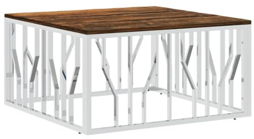 vidaXL Couchtisch, Beistelltisch mit viel Platz für Snacks Getränke, Sofatisch für Wohnzimmer, Tisch Kaffeetisch Telefontisch, Silbern Edelstahl Altholz Massiv