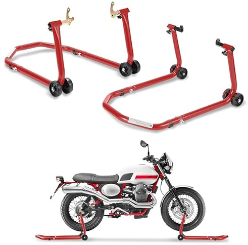 Eulenke Montageständer hinten & vorn mit Adapater, Motorradheber für Fast alle Motorräder, sicheres, stabiles Abrollen, Motorrad Ständer bis 300 kg, Montageheber in der Breite verstellbar, Rot