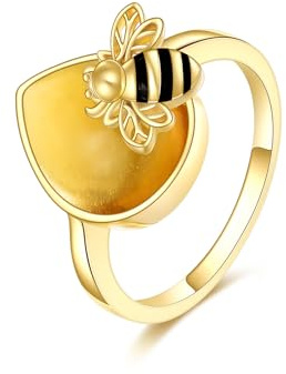 VONALA Amber Bee Ring for Women Sterling Silver Bumblebee Honey Amber Ring Amber Jewelry Gift for Women