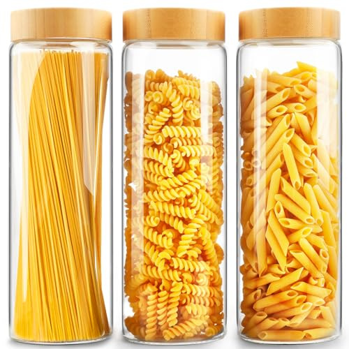 Glass Canisters With Airtight Bamboo Lids - 3 Pack 80oz Cereal Containers, Cookie Jars, Pasta Storage - Screw On Kitchen Jars