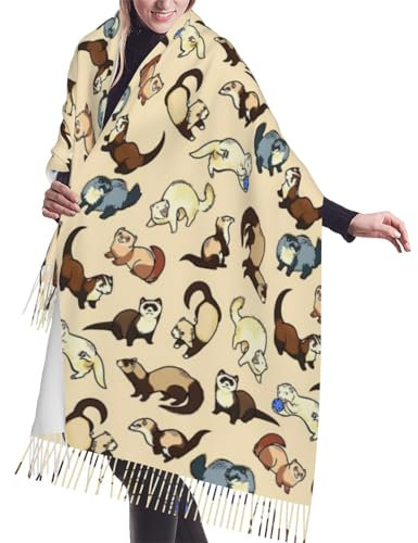 WURTON Winterschal mit Quaste, warm, grau, Tribal-Druck, Schal, Damen, Kaschmir-Flor, Fransenschal, Accessoire, Geschenk, Haariges Frettchen, Einheitsgröße