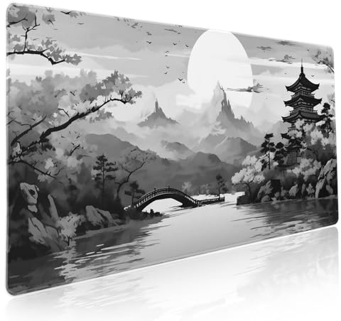 Gaming-Mauspad, japanisches Sakura, grau-weiß, Kirschblüten-Turm, Berge, ästhetisch, erweitert, groß, rutschfeste Gummiunterseite, genähte Kanten, Schreibtischunterlage für den Schreibtisch, 90 x 40