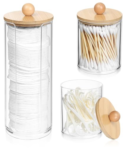 3 Stk Wattestäbchen Behälter, Wattepadspender, Wattepads Aufbewahrungbox, Wattestäbchen Halter mit Bambusdeckel für Wattebällchen Kosmetik Behälter Badezimmer Schminktisch Organizer Zubehör Deko