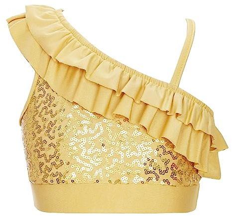 Jhaoyu Top de lentejuelas para niña, camiseta deportiva para danza, sujetador brillante metálico, parte superior, sin tirantes, vestido de baile, yoga, dorado, 110-116
