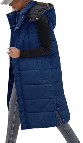 Tuopuda Gilet Donna Lungo, Smanicato Piumino Invernale, Gilet con Cappuccio Cappotto Senza Maniche Termico Giubbotto Imbottito Giacca Trapuntato con Cerniera, Marina, S