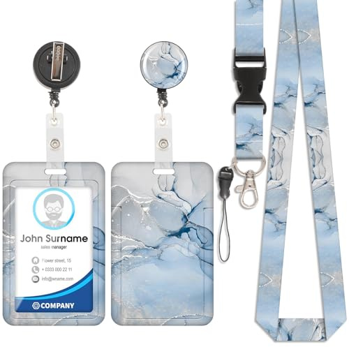 Marmor Lanyard Kartenhalter, ID Badge, Lanyard Kartenhalter, abnehmbare Schnur mit einziehbarem Clip für Schlüsselanhänger, Namenskarten, Türkarten, ID-Karten(Marmoriert Blau)
