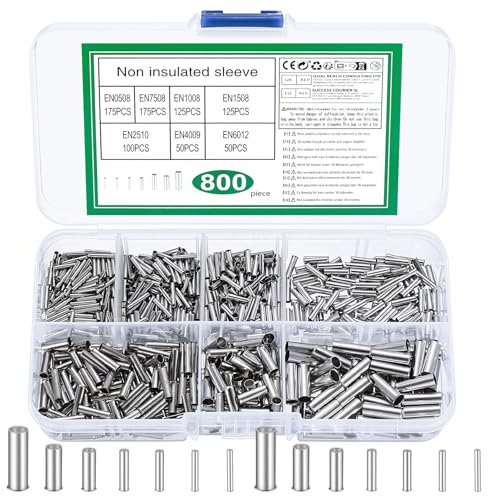 800 Pcs Wire Ferrules Kit, Electrical Crimp Connectors, Tinned Copper Ferrule Crimp Terminals, Non-Insulated Cable Pin Cord End Cable Terminal Connectors, Fitting Wire End Ferrules, 10-22 AWG