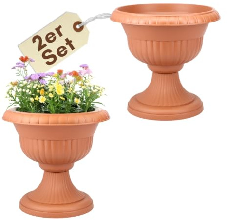 GarPet 2er Set Blumentopf mit Ständer Pflanzenständer Outdoor Blumenständer für Draußen Blumensäule mit Standfuß Pflanzen Ständer Pflanzensäule Grabvase Terrakotta 30 cm