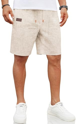 COOFANDY Leinen Shorts Herren Kurze Hosen Sommer Shorts Kurze Leinenhose Sommerhose Einfarbig Strandshorts Freizeithose mit Taschen Beige XXL