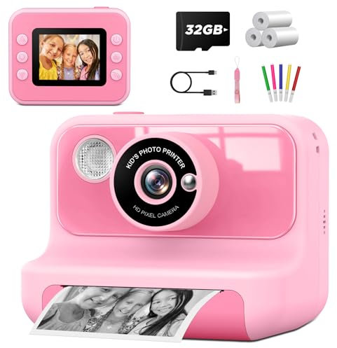 Appareil Photo Enfant Instantané,LETSHAHA 1080P 20MP 10X Appareil Photo Instantané Enfant avec 3 Rouleaux Papier Thermique Noir Blanc, Carte 32 Go,Cadeau pour Enfants de 3 à 12 Ans Garçons et Filles