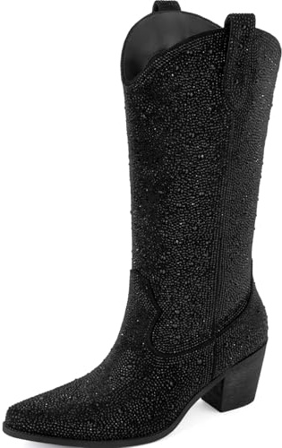 MISSMILLER Women’s Rhinestone Cowboy Boots Mid Calf Pointed Toe Sparkly Block Heel Cowgirl Boots with Pull On Tabs, Sparkly Black Zipper, 7 UK