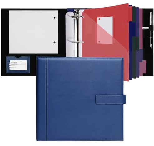 POPRUN PU Leather 1.5 Inch 3 Ring Binder, Professional Business Organizer- Includes PP Dividers, 100GSM / Grade AA Filler Papers, Card &Sticker for Tab- Ideal for Office Presentation Meetings, Blue