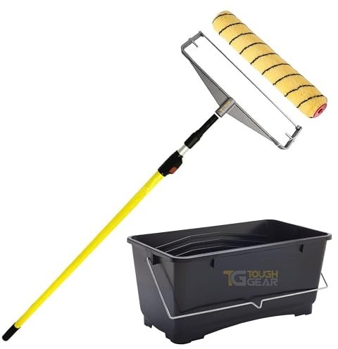 TG TOUGH GEAR 15L Paint Roller Tray Set with Extension Pole – Heavy Duty Paint Scuttle, 15” Medium Pile Roller Sleeve & Double Arm Frame for Walls & Ceilings