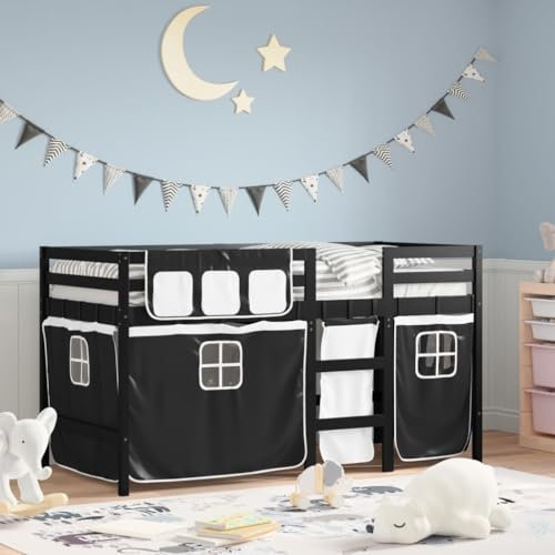 Xichuzi hochbett mit Vorhängen Weiß und Schwarz Massivholz Kiefer, Bett, Jugendbett, Schlafzimmer Bett, Bed Frame - 3283814