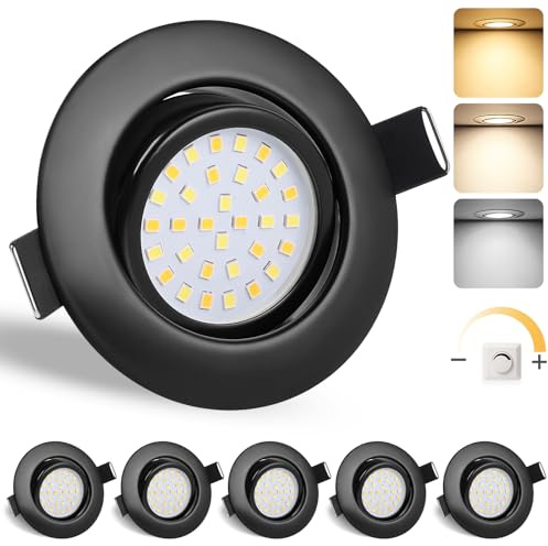 GeyouLux LED Einbaustrahler 230V IP44, 65-75mm EinbauØ Dimmbar Deckenspots | 6W 45° Schwenkbar Einbauleuchten 3000K Warmweiß 4000K Neutralweiß 6500K Kaltweiß Ultra Flach Einbauspots, 6er Set Schwarz