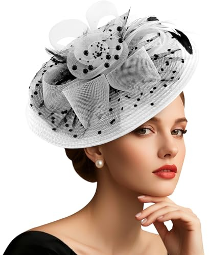 DRESHOW Meshblomma med Pärlfjäderfascinatorhatt på Ett Pannband och En Gaffelklämma Cocktail Tea Party Huvudbonader för Flickor och Kvinnor Noble Kentucky Hat Svart, vit One Size
