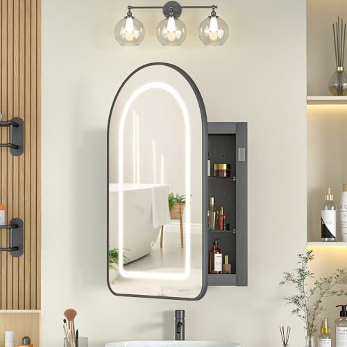 Mepplzian Bogen Spiegelschrank Bad mit Beleuchtung,3-Farbiger LED,68 x 42cm | Spiegelschrank Bad Bogen, HD-Spiegel Badschrank Hängend, Recessed Mirror Cabinet, Drahtziehverfahren Einbau,Schwarz