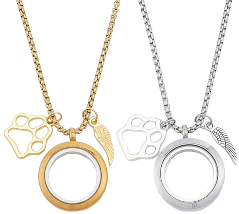 DELORIGIN 2 Stück Gedenkkette Für Tierhaare Fell Asche Andenken Halskette Transparente Medaillon Halsketten Mit Flügel Und Pfote Katzen Und Hundeurnenbild Gedenkschmuck Für Frauen Und Männer