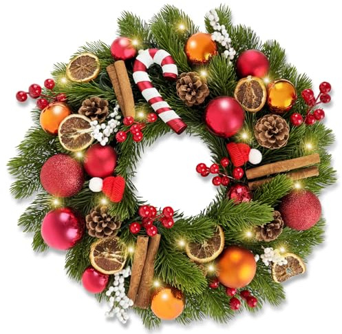Christmas Wreath with Lights, 40cm/16in Christmas Door Wreath with Waterproof Battery Box, 40 Led, Timer and 8 Mode, Christmas Wreaths Decoration for Front door, Window, Fireplace, Wall (Candy)