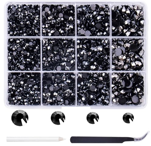 Canollo 1485 Stück Schwarze Strasssteine, 3/4/5/6mm Runde Strasssteine Mit Flacher Rückseite, Rhinestones for Bedazzling, Nail Charms, Diamanten für Nagelkunst, Nagel Deko Bekleidung Basteln