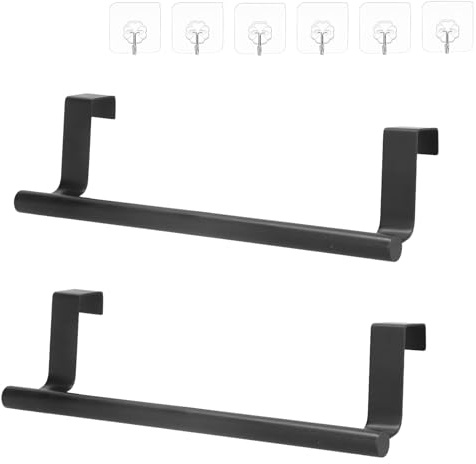 2 Pack Over Door Towel Rail, Black Kitchen Towel Holder with 6 Transparent Hooks, No Drill Tea Towel Rail for Cupboard Drawer Cabinet, 24cm Length