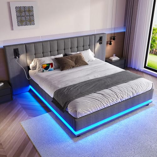 Kayan Polsterbett 180x200 cm, Boxspringbett mit Bettkasten, Bett mit Lattenrost, Kopfteil mit Leselicht und USB Ladefunktion, Stauraumbett Jugendbett Bettgestell, Leinen, ohne Matratze (Grau)