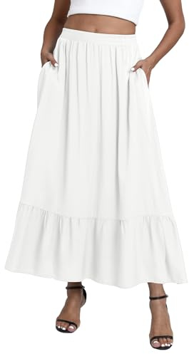 EXCHIC Donna Boho Fluttuante Vita Elastica A-Line Maxi Gonna Volant Spiaggia Lunga Gonne con Tasche (S, Bianco)