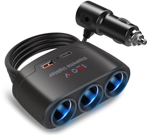 Chargeur Allume Cigare 5-en-1, Prise Allume Cigare USB, Multiprise Allume Cigare 120W avec Affichage LED,1 Ports USB et 1 Port PD pour Voiture, Tablette, GPS