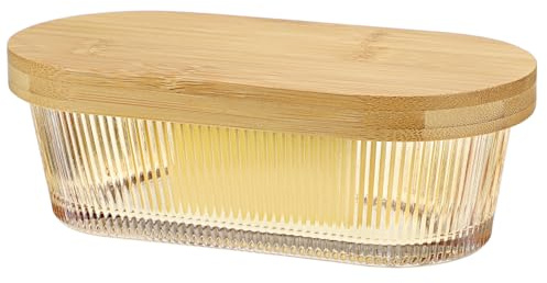 SUMNACON Striped Glass Butter Dish Container with Bamboo Lid, Amber Clear | Rectangle Butter Tray Holder Kitchen Butter Keeper Storage Holds 1 Eastern Butter for Countertop Refrigerator