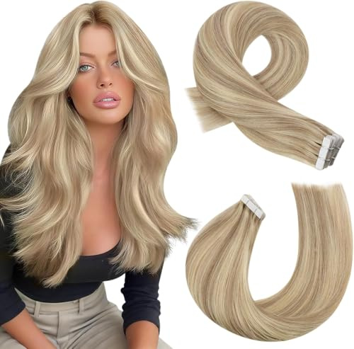 Moresoo Extensiones Adhesivas Pelo Natural 40 cm 50 g 20pcs Voluminoso Extensiones Pelo Natural Adhesivas Reflejos Rubio Dorado con Rubio Medio #16/22 Para Volumen y Longitud Inmediatos