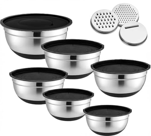 Juego de 6 boles de acero inoxidable, ensaladeras, con tapas herméticas, 3 accesorios ralladores y base de silicona antideslizante. 4,5 L/2,7 L/2 L/1,5 L/1,2 L/0,7 L. Para mezclar y servir. Negro.