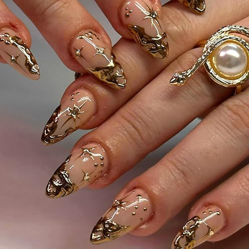 Viugex 24 st French Tip Press on Nails Medium, Mandel 3D Guld Naturliga Lösnaglar, Solmåne eleganta naglar att klistra på, återanvändbara akrylnaglar för kvinnor nagelkonst manikyr