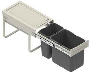 FurniFit Cubo de Basura Encastrable para Armario de 30 cm Sistema de Reciclaje de 2 Cubos con Cierre Suave y Extracción Total 26,4 x 50 x 33 cm (1x 15L + 1x 7L) Montaje Frontal Plata