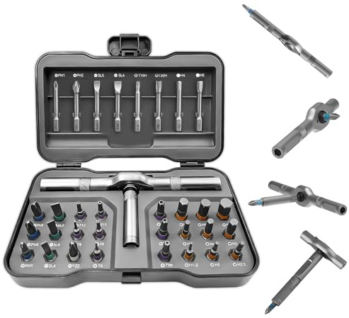 1/4' Jeu de Tournevis a Cliquet,Tournevis de Precision Magnétique 32 en 1 avec Embouts en Acier S2, Idéal pour le Montage de Meubles, l'entretien d'installation Electronique, Kit d'outils de Bricolage