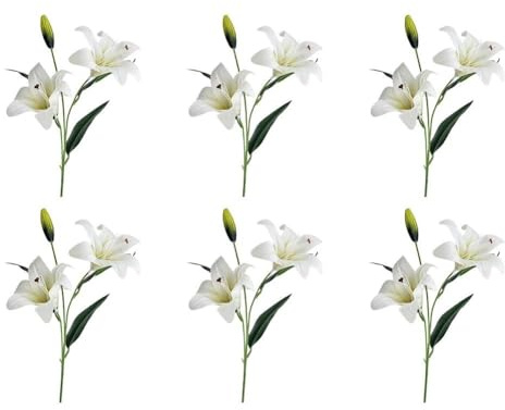FACAIIO Elegantes flores artificiales de lirio, juego de 6 piezas para decoración del hogar y boda, 65 cm de alto, blanco o rosa