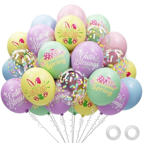 68 Pack Pastel Easter Balloons Easter Party Decorations - 12 Inch Rainbow Spring Balloons with Ribbons - Easter Party Supplies Indoor Outdoor for Egg Hunt, Spring Home Classroom Office Decor