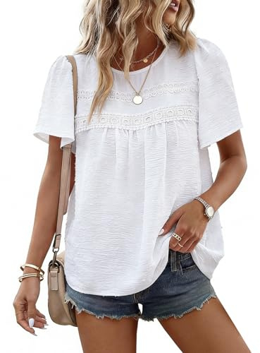 CMTOP Camicia Donna Estiva Manica Corta Elegante Girocollo Blusa Boho Pizzo Maglietta Casual Loose Tinta Unita Tunica Shirt Top (Bianco, M)