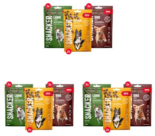 MERA Snacker Mix-Pack ohne Getreide (6 x 200g), herzhaft softe Hundeleckerli für Training oder als Snack, mit Geflügel, Lamm und Rind (Packung mit 3)