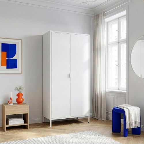 [en.casa] Kleiderschrank Esteli Garderobenschrank mit 2 Türen 170 x 80 x 45 cm Schlafzimmerschrank 2 Kleiderstangen 4 höhenverstellbare Einlegeböden Stahl Weiß